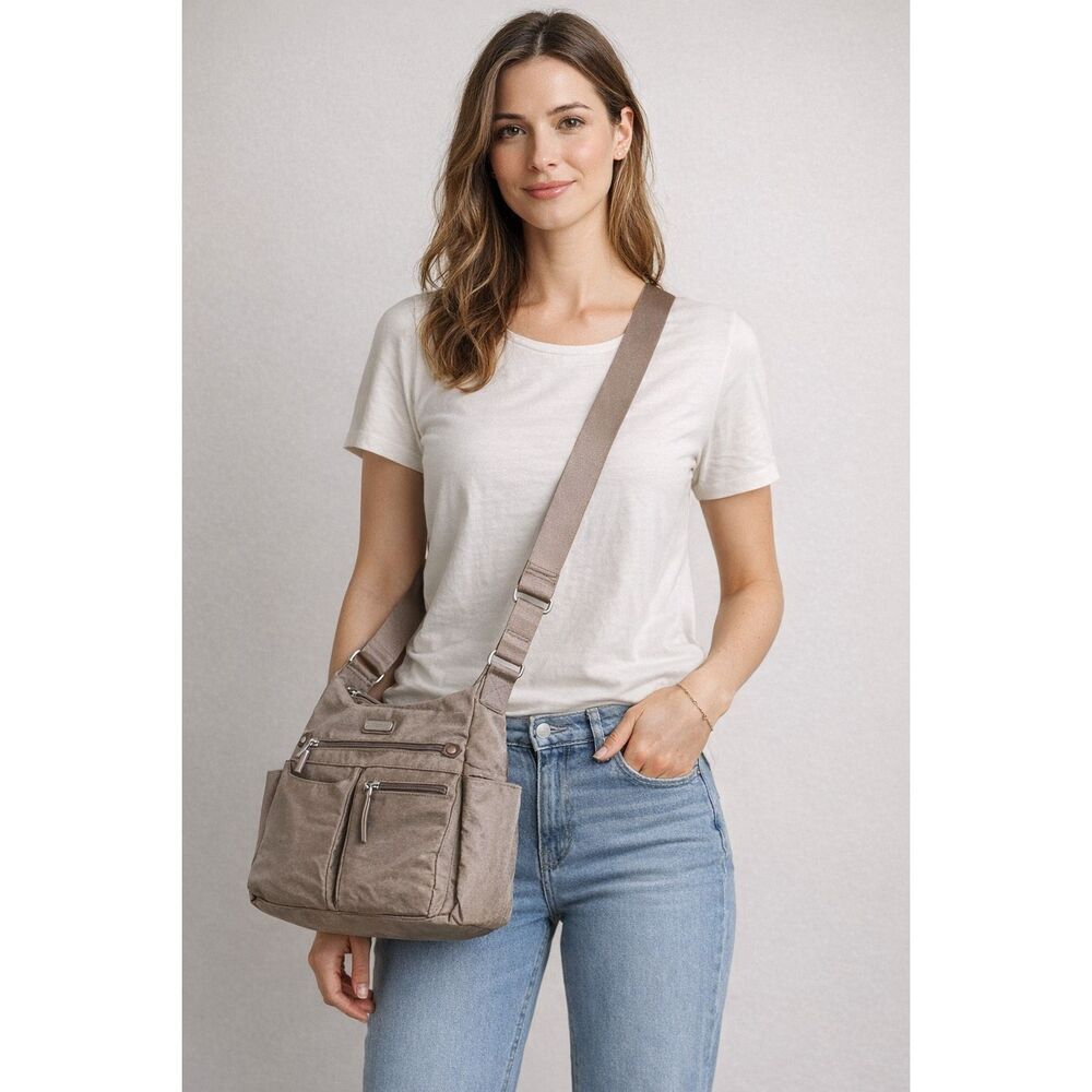 Baggallini Taupe Nylon Crossbody Travel Bag Organizer Multi Pocket